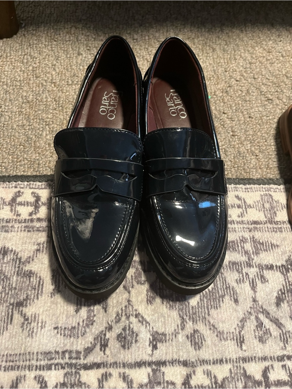 Franco Sarto Navy Patent Leather Penny Loafers